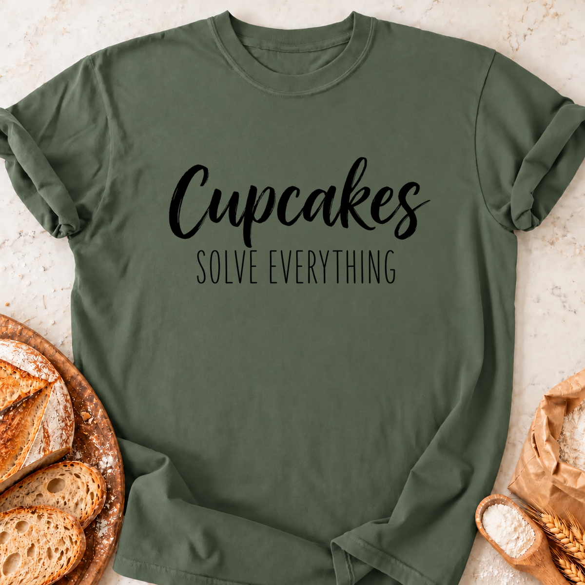 Cupcakes Solve Everything T-Shirt — Military Green