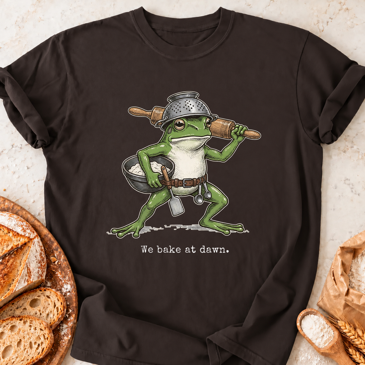 We Bake at Dawn T-Shirt — Dark Chocolate